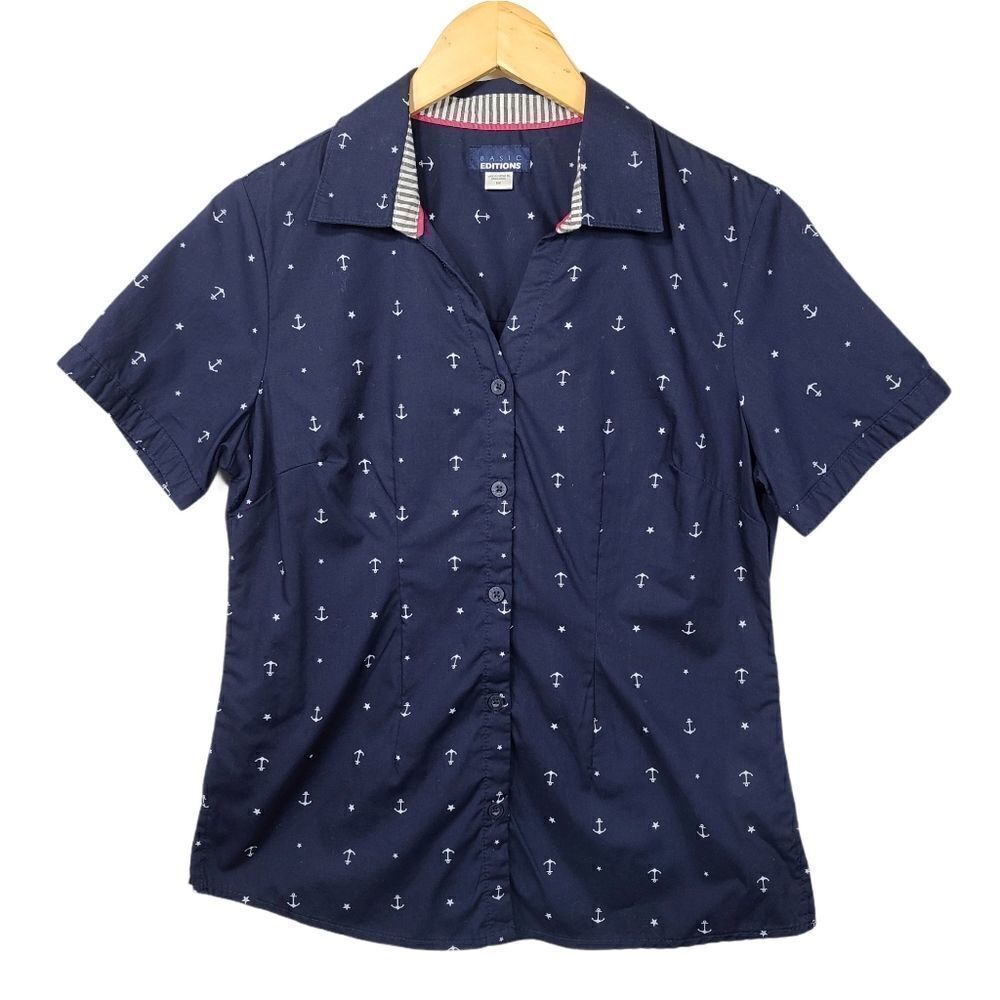 Basic Edition Blue Women's Button Down Anchor Top - image 1